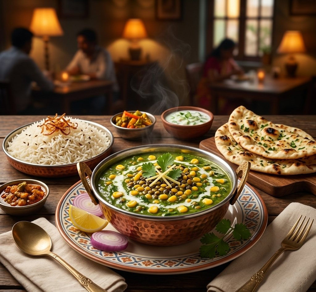 Hari Makai + Lentils Curry with Indian Rice or Naan Bread