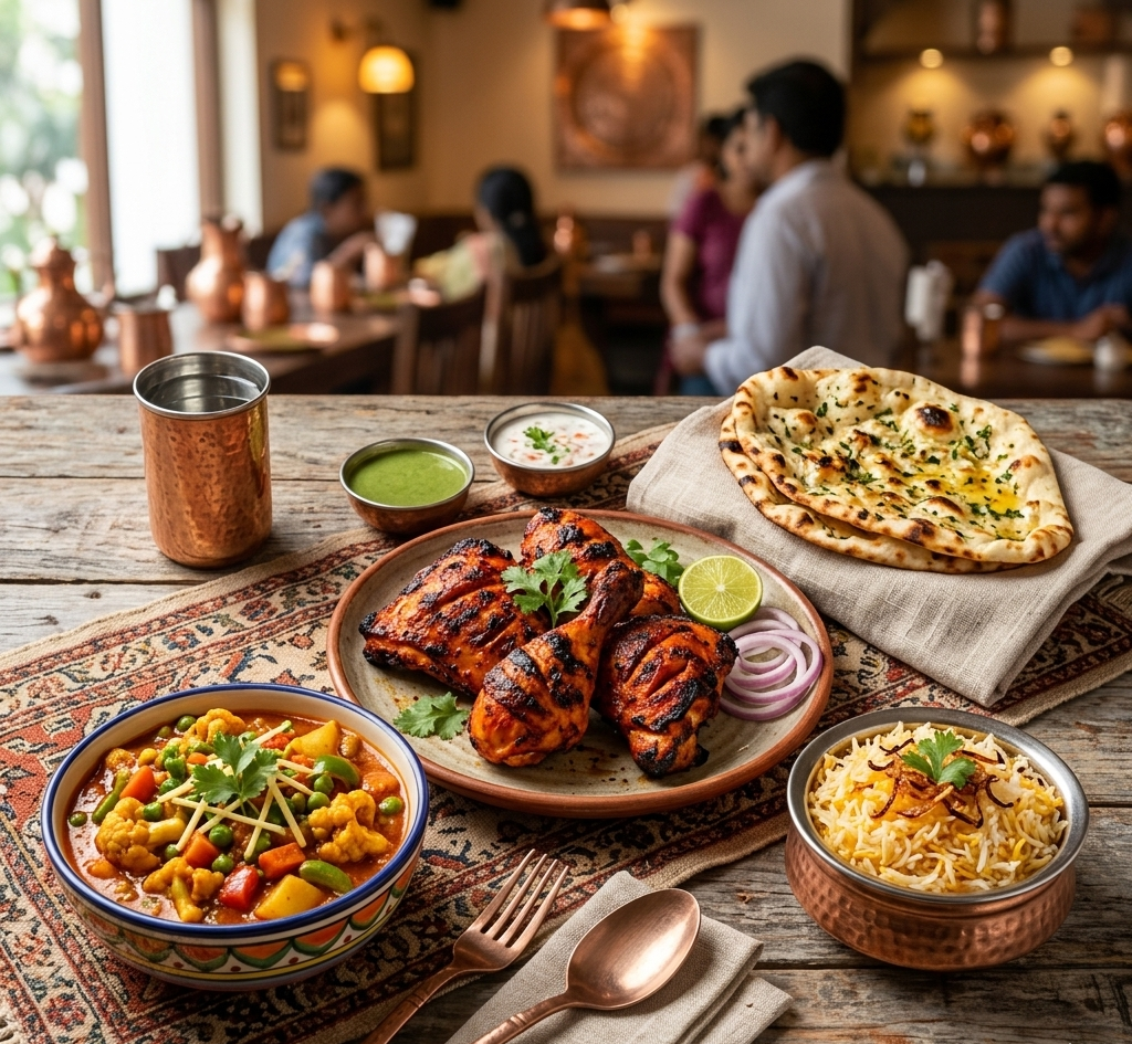 Tandoori Chicken BBQ + Vegetable Curry with Indian Rice or Naan Bread